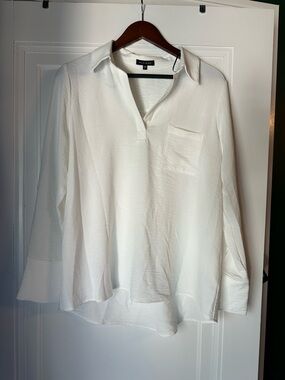 Pleione White Long-Sleeve V-Neck Blouse